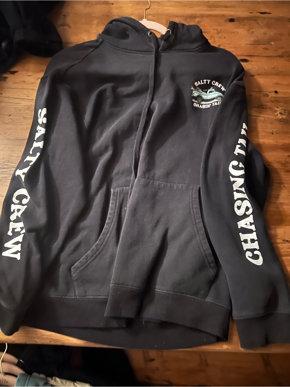 Salty Crew Black Zip-Up Hoodie with White Sleeve Graphics